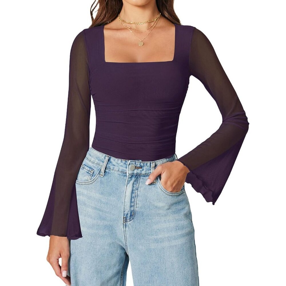 Women's Dark Purple Bodysuit Long Bell Sleeve Thong Square Neck Suitable Tops